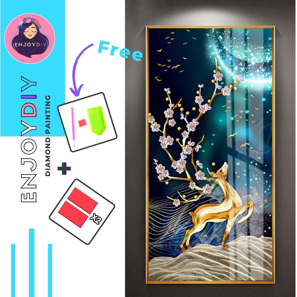 Sẵn sàng giao hàng Cross Stitch Crystal Deer Moon Size 50 x 95 CM đính kèm toàn bộ hình kim cương 5d
