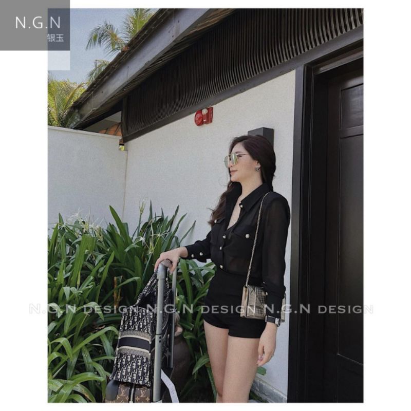 Áo sơmi đen mỏng nắp túi ngực