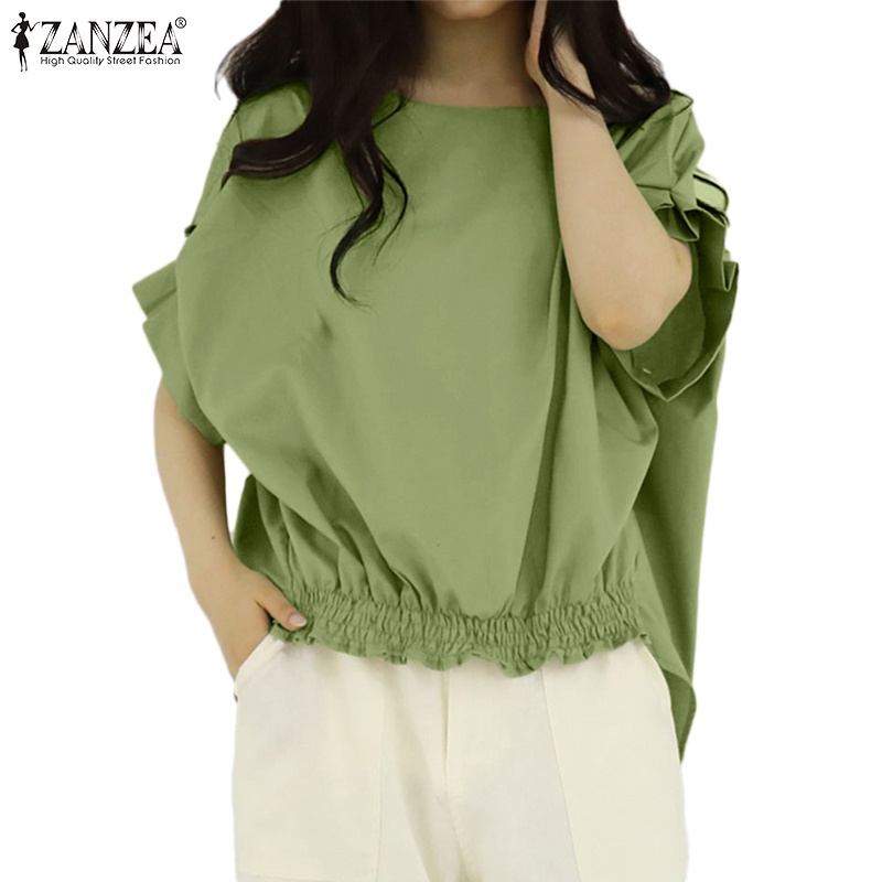 Áo thun ZANZEA tay ngắn cổ tròn màu trơn đơn giản thời trang Hàn Quốc cho nữ