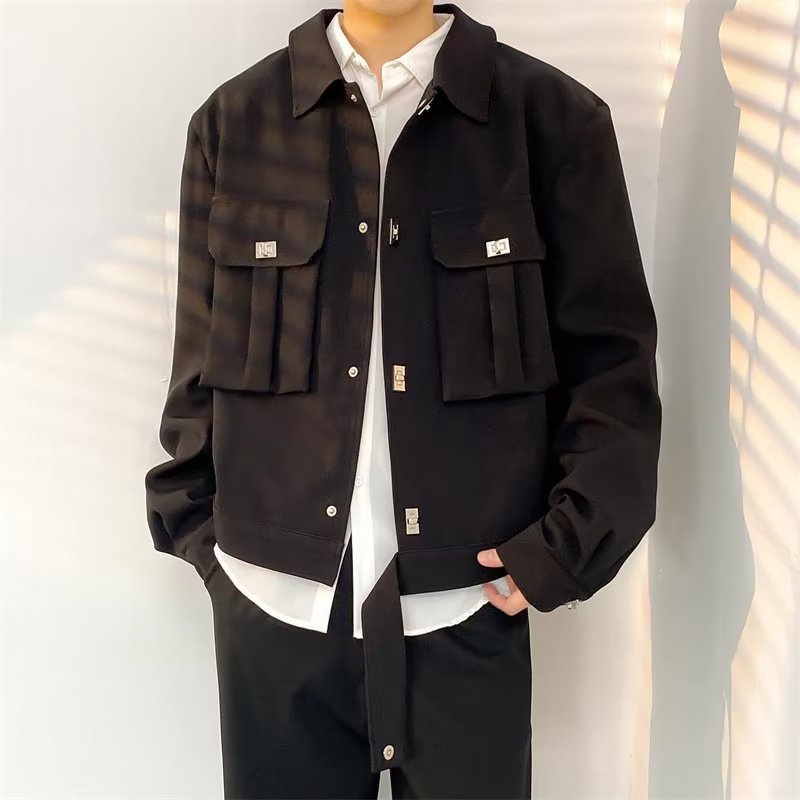 Áo Khoác Ngắn Dáng Rộng Màu Trơn Cài Nút Kim Loại Thời Trang Hàn Quốc Cho Nam simple Hàn Quốc áo khoác jacket nam fashion áo khoác bóng chày nam bigsize áo khoác bomber bóng chày from rộng