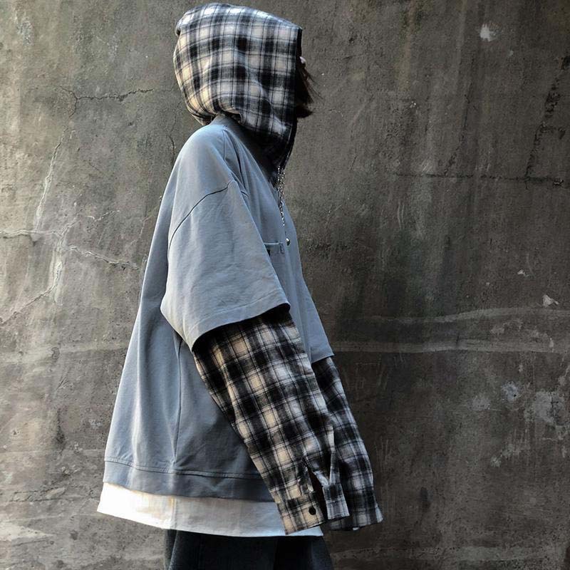 Áo hoodie túi chữ phối tay kẻ