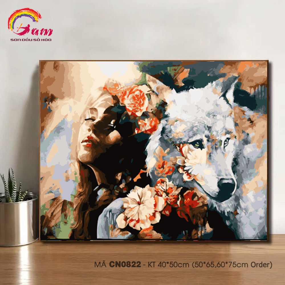 HaLa Store-Tranh tự tô màu sơn dầu số hóa CN0822 Cô gái và chó sói Tranh con người và thiên nhiên