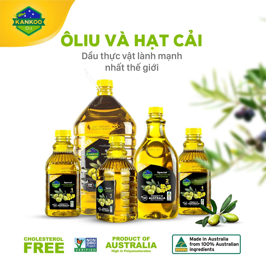 Combo Dầu ăn Oliu hạt cải Kankoo nhập khẩu từ Úc (1 chai 1L + 1 chai 2L)