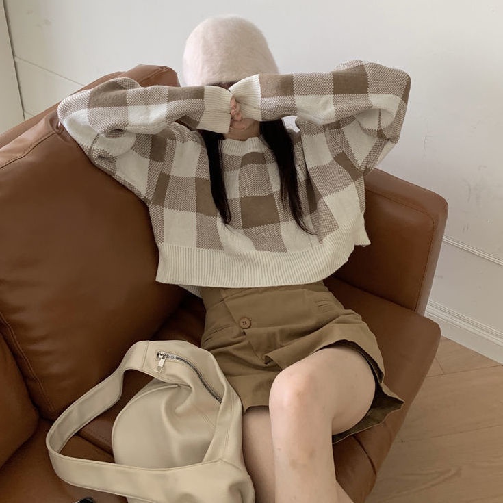 COZOK Áo Sweater Tay Dài Dáng Rộng Sọc Ca Rô Phối Màu Tương Phản Cá Tính Thời