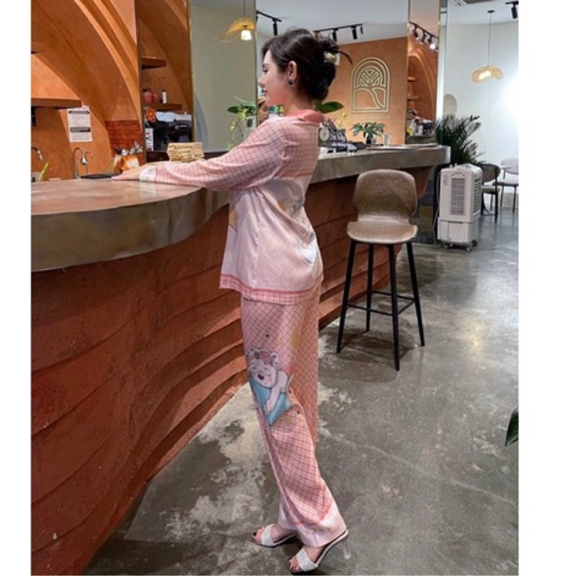 bộ pijama cao cấp lụa xước Quảng Châu tay dài gia đình gấu