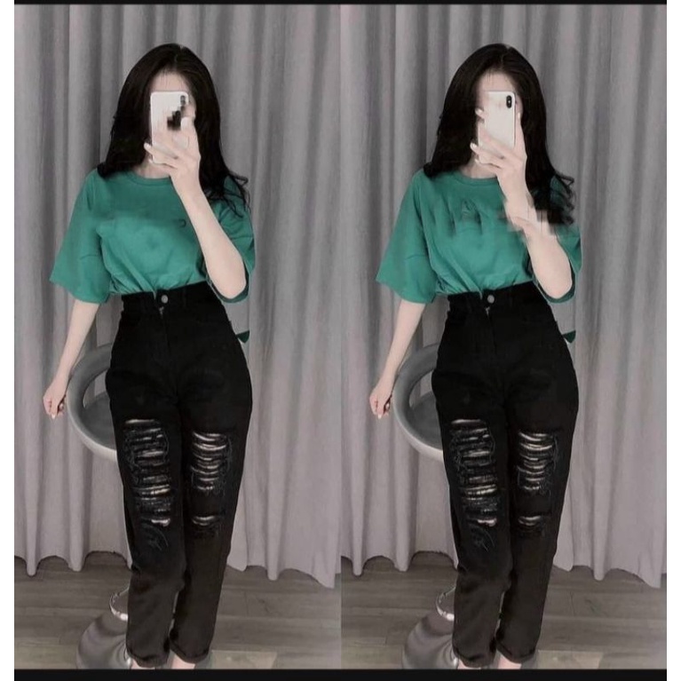 Quần jean baggy đen rách,Quần bò nữ cạp siêu cao ống đứng