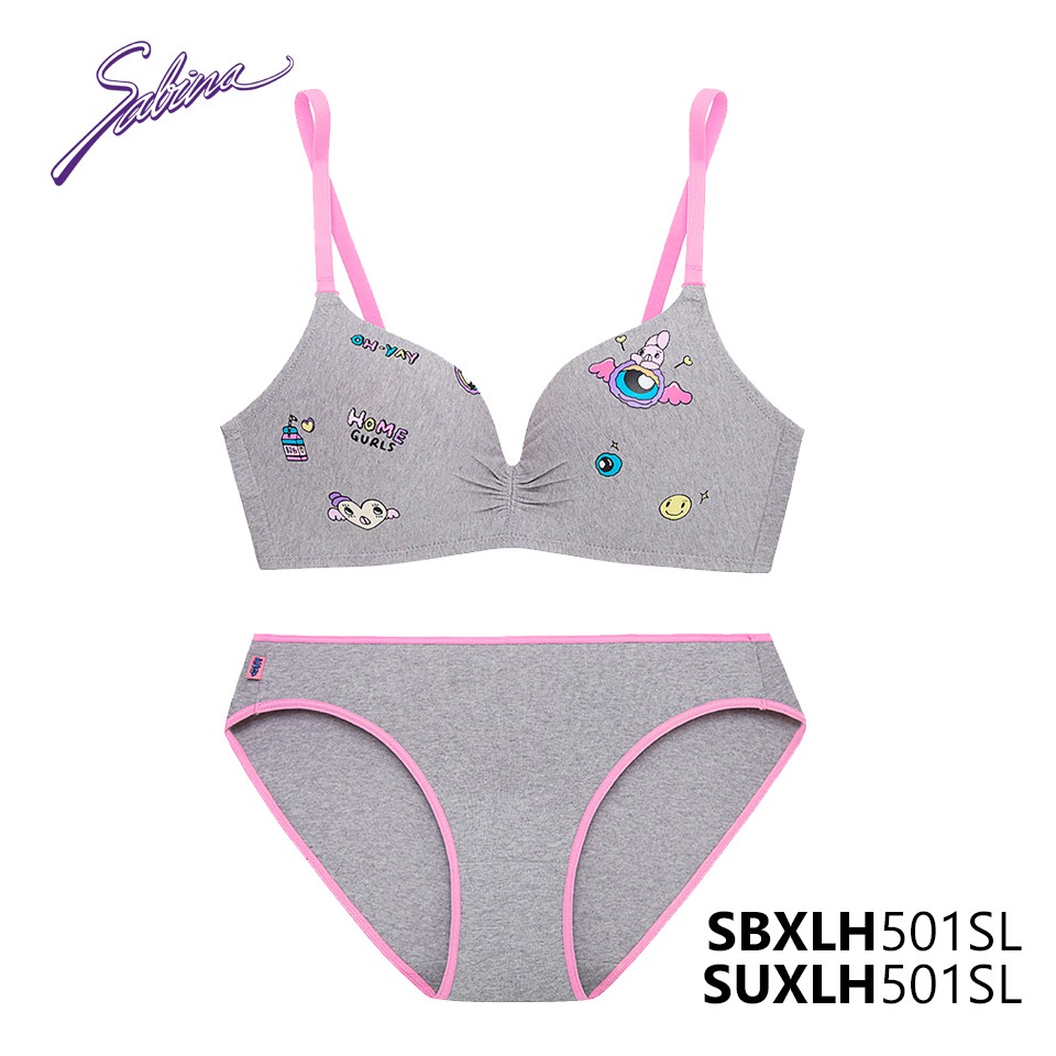 Combo Áo Lót Mút Vừa Và Quần Đồng Bộ Xám Viền Hồng Phối Hoa Văn Ano Collection By Sabina SBXLH501SL+SUXLH501SL