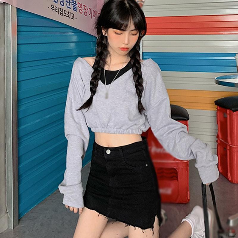 Áo Croptop Nữ Tay Dài Trễ Vai Màu Trơn Phong Cách Hàn Quốc