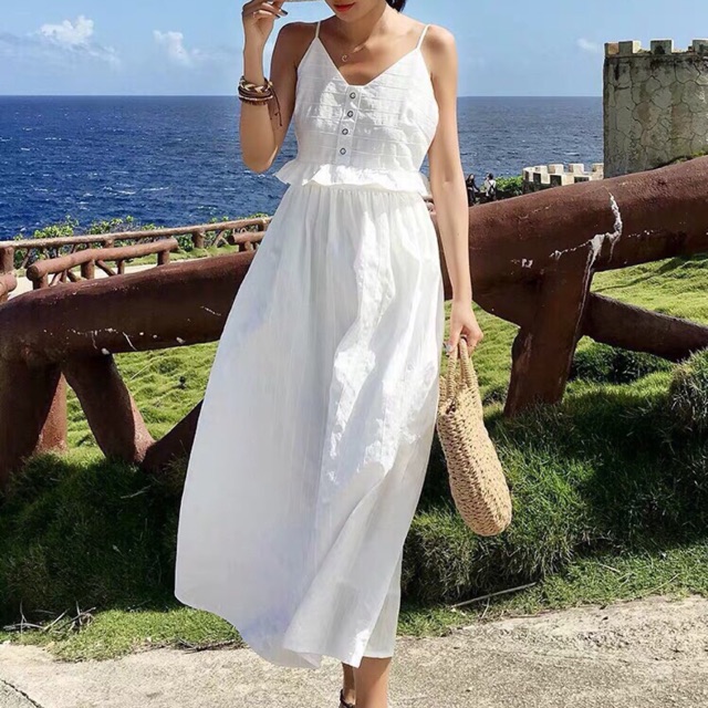 Đầm maxi trắng 2d bo eo thun kt