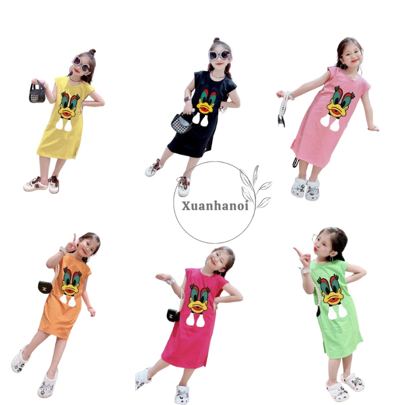 Váy bé gái cotton xuông trễ vai chú Vịt ngộ nghĩnh 6 mầu XHN919