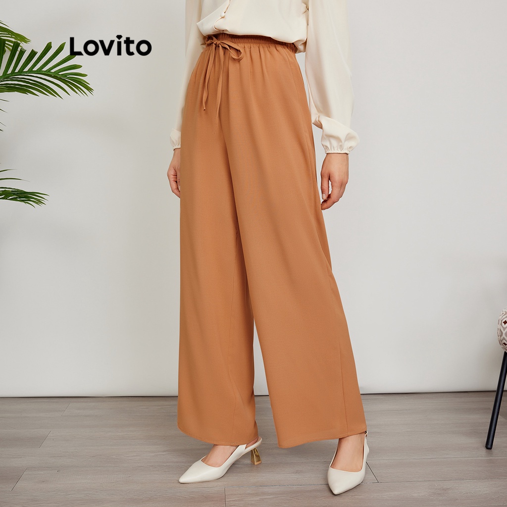 Lovito Quần ống rộng thắt lưng thun trơn vừa phải L24ED111 (Kaki)