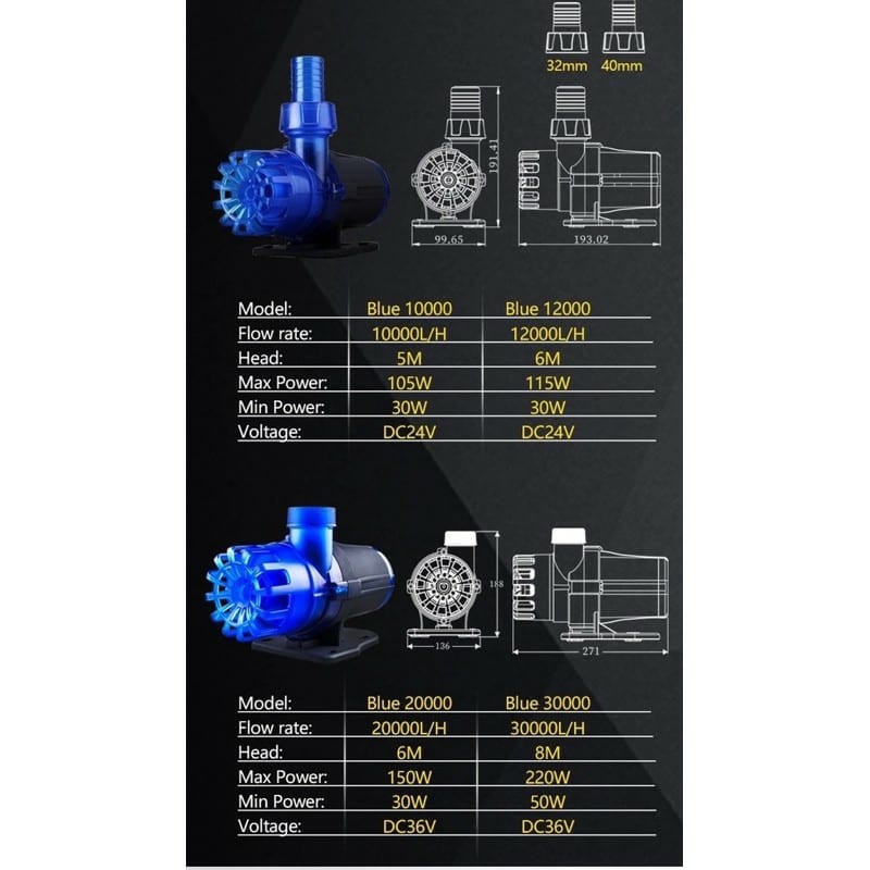 MÁY BƠM CAO CẤP DC CHO HỒ CÁ BIỂN VÀ NƯỚC NGỌT ZKSJ BLUE, ZKSJ BLUE 3000, 6000, 8000, 10000, 12000