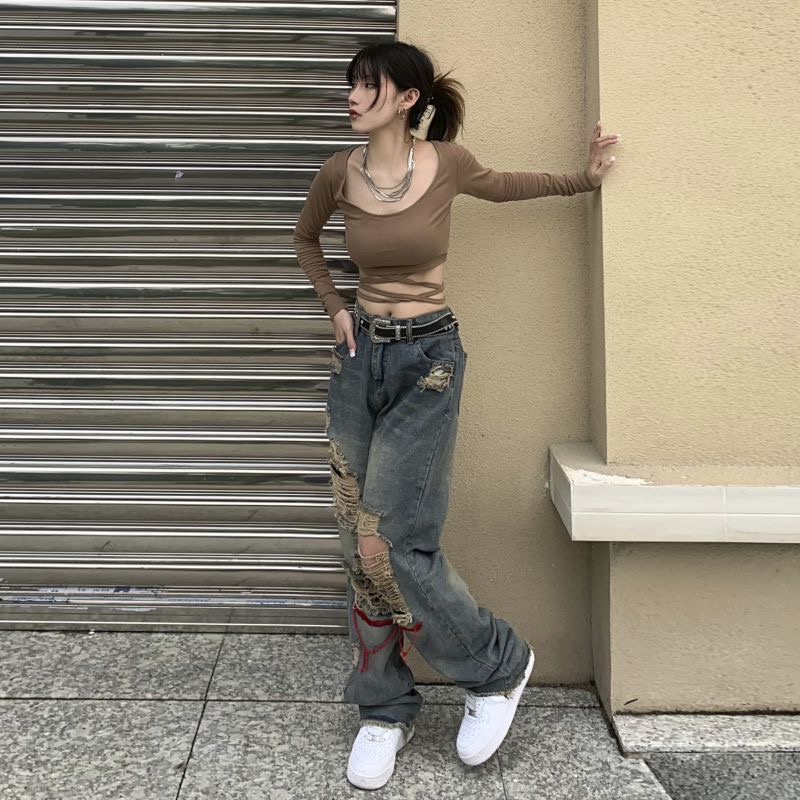 Quần jean ống rộng unisex rách phong cách đường phố | BigBuy360 - bigbuy360.vn