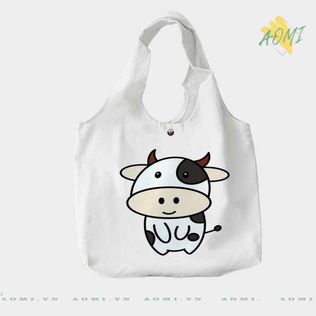 TOTE CANVAS bò sữa milk FORM TRÒN TÚI VẢI ĐEO VAI BAG NÚT BẤM SIZE LỚN AOMIVN DU LỊCH DẠO PHỐ CÁ TÍNH