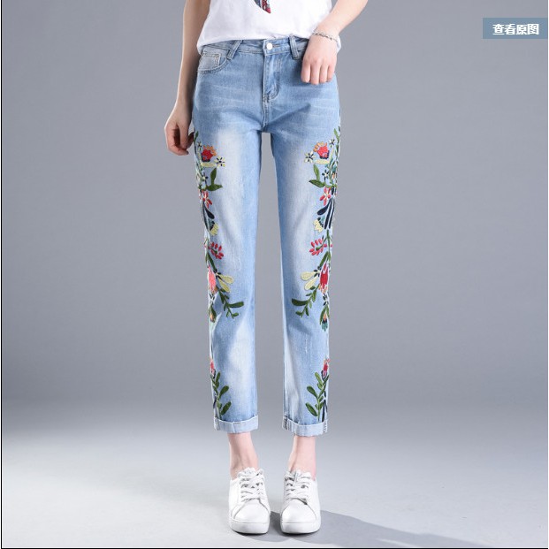 [Hàng Quảng Châu] Quần Jeans Thêu Hoa