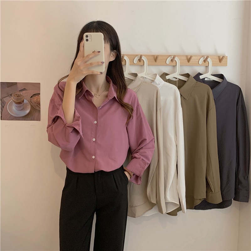 Áo sơ mi tay dài dáng rộng phong cách Hàn Quốc đơn giản trẻ trung