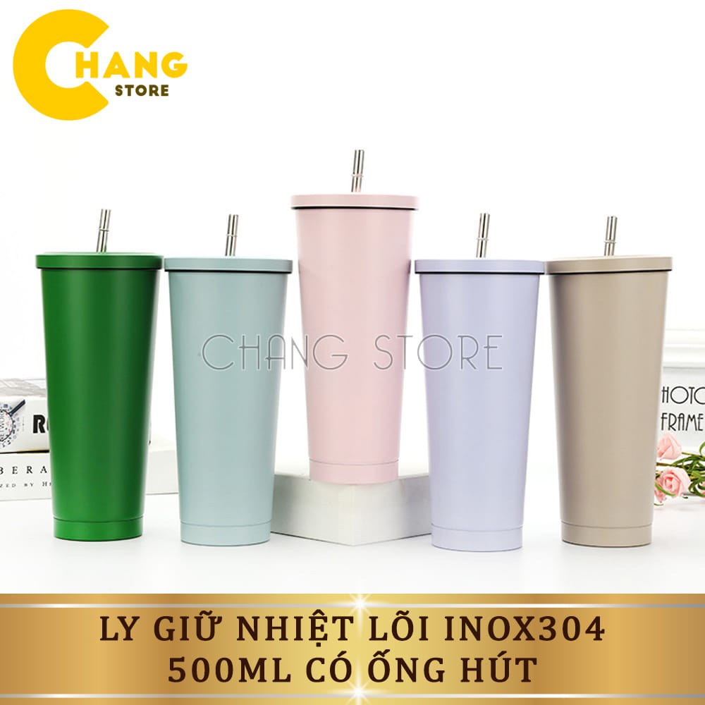 Ly giữ nhiệt inox không gỉ 500ml có ống hút, Cốc giữ nhiệt cách chân không chống chảy mồ hôi cao cấp