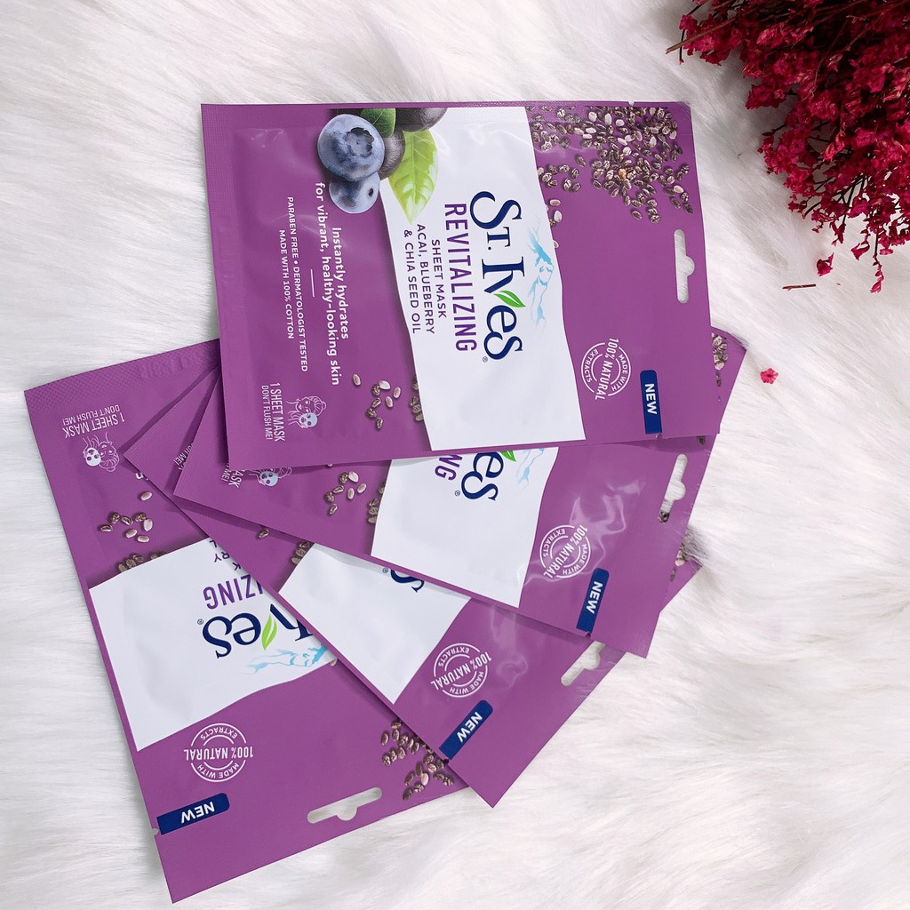 Mặt Nạ dưỡng da St.Ives Cấp Ẩm Việt Quất, Quả Acai, Hạt Chia 25ml Revitalizing Sheet Mask Acai, Blueberry, Chia Seed Oil