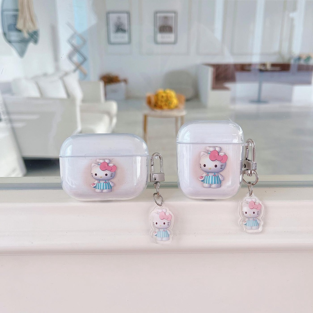 Vỏ Bảo Vệ Hộp Sạc Tai Nghe AirPods 1 2 pro 3 2021 gen3 Bằng Silicon Tpu Mềm Trong Suốt Hình Mèo Kitty Dễ Thương Kèm Móc Treo Chống Thất Lạc
