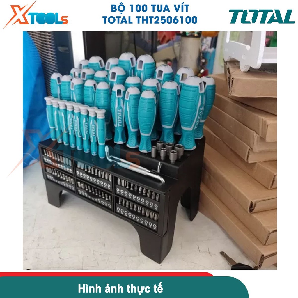 Bộ 100 tua vít TOTAL THT2506100 thép Cr-v cứng chống tòe, 6 kiểu đầu vít, đầy đủ kích thước [CHÍNH HÃNG][XTOOLS]