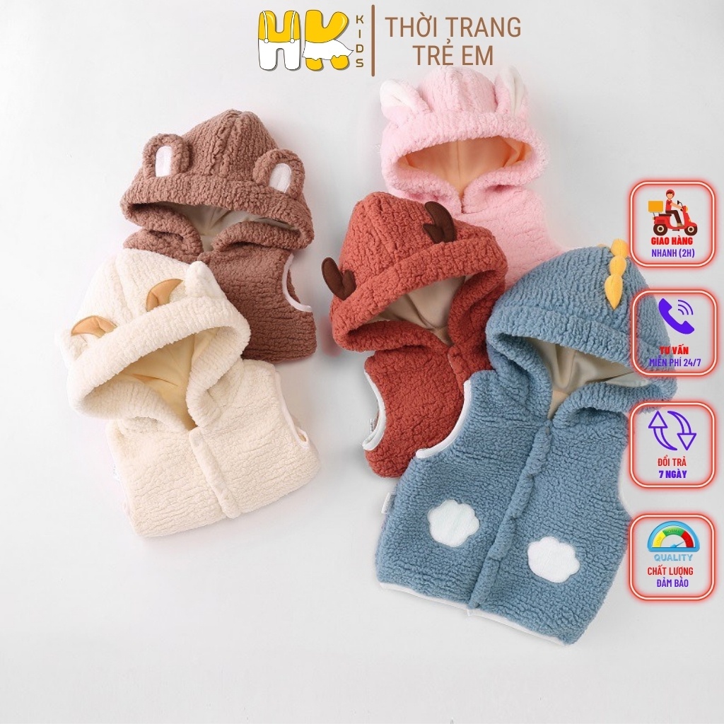 Áo Gile lót lông kèm mũ cho bé HK KIDS, áo lớp lót nhung và lông cừu mềm mại giữ ấm giữ nhiệt tốt cho bé từ 1 đến 5 tuổ