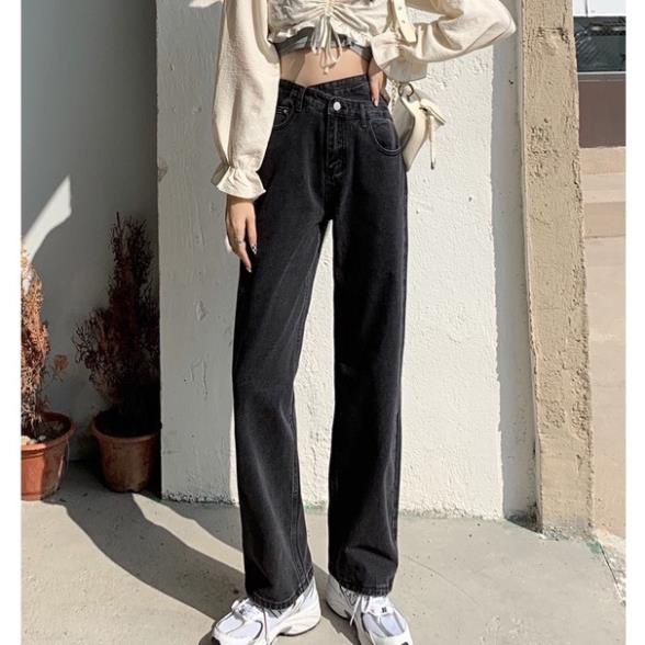 Quần Jeans Ống Rộng Xanh - Quần Bò Ống Rộng Nữ Dáng Suông 1 Cúc Cạp Chéo Ulzzang Unisex | BigBuy360 - bigbuy360.vn