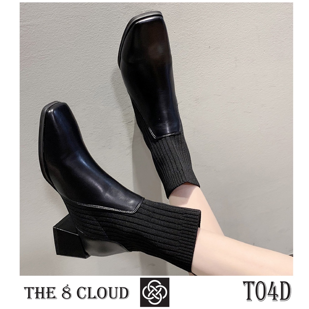 T04D - Giày boots nữ gót vuông 5 cm cổ len chun phối da lỳ sang chảnh, phù hợp đi làm, đi học, dạo phố