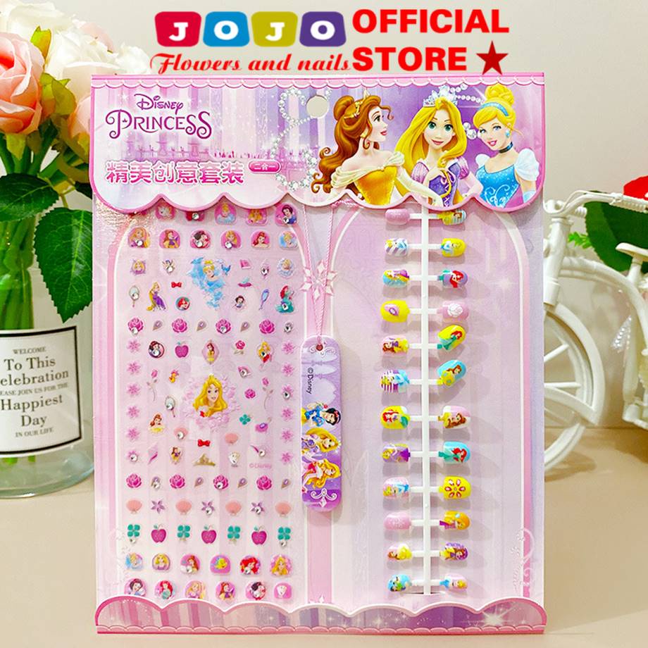 Set 24 móng tay giả trẻ em có gắn keo kèm dũa và tấm sticker dán móng hình công chúa cho bé