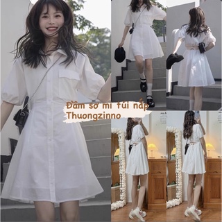 Váy sơ mi đũi trắng buộc eo năng động xinh xắn đầm sơ mi dáng ôm dài tay tôn dáng