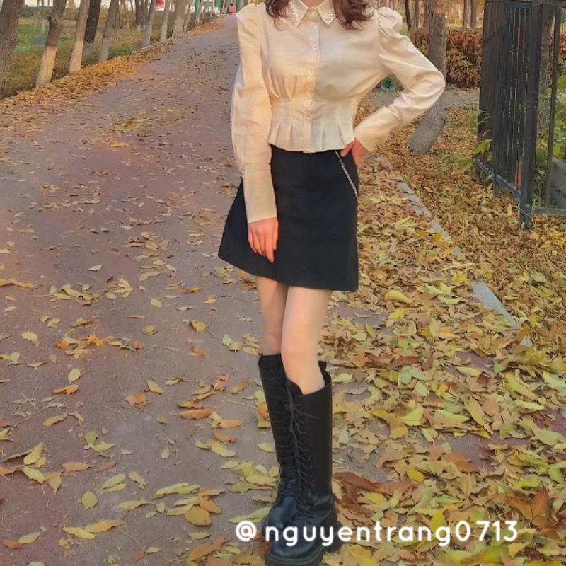 Áo Sơ Mi Nữ Tay Dài Đính Ngọc Cổ Áo Thắt Eo Xếp Ly Sang Trọng