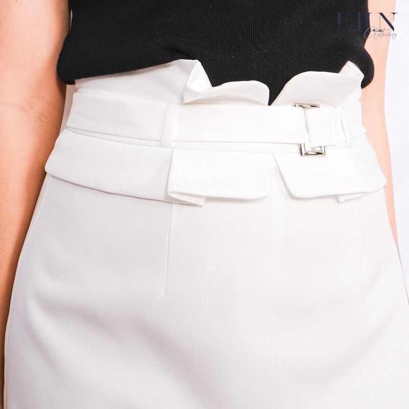 Chân váy ngắn nữ bút chì Linbi màu trắng, kiểu dáng công sở, cạp bèo kèm đai thanh lịch Liin clothing J4101