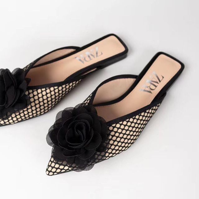 HOT ²h(ẢNH THẬT) Dép Sục Nữ Zara Nơ Hoa Hồng Đen Lưới Ren Da Mềm Fullbox Cao Cấp . . ĐẸP '