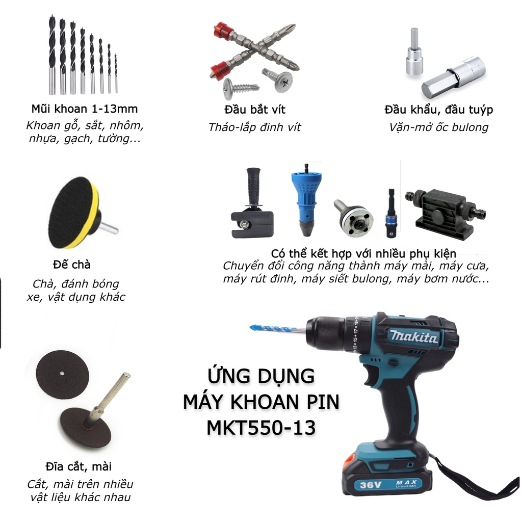 Máy khoan pin búa bắt vít đa năng Makita 13mm loại có chổi than dùng gia đình MT55013mm (PIN 5S)