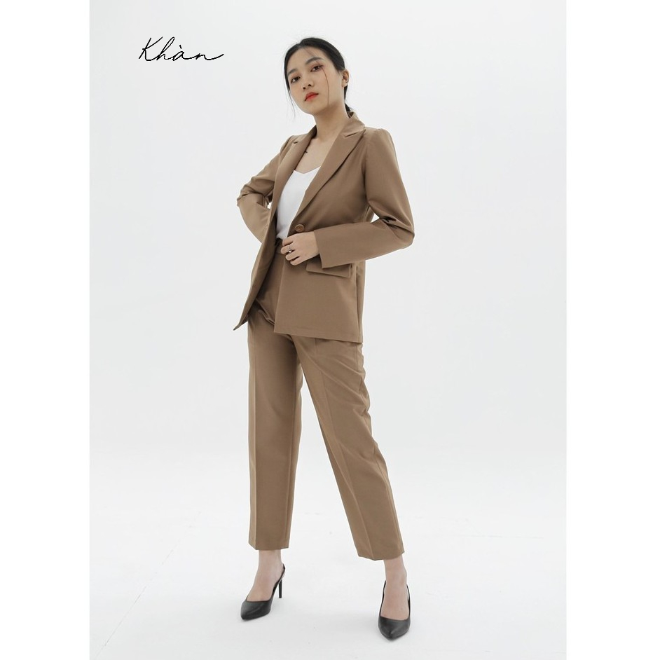 Set vest blazer quần baggy nữ KHÀN màu nâu cà phê tay dài 1 lớp phong cách công sở Hàn Quốc