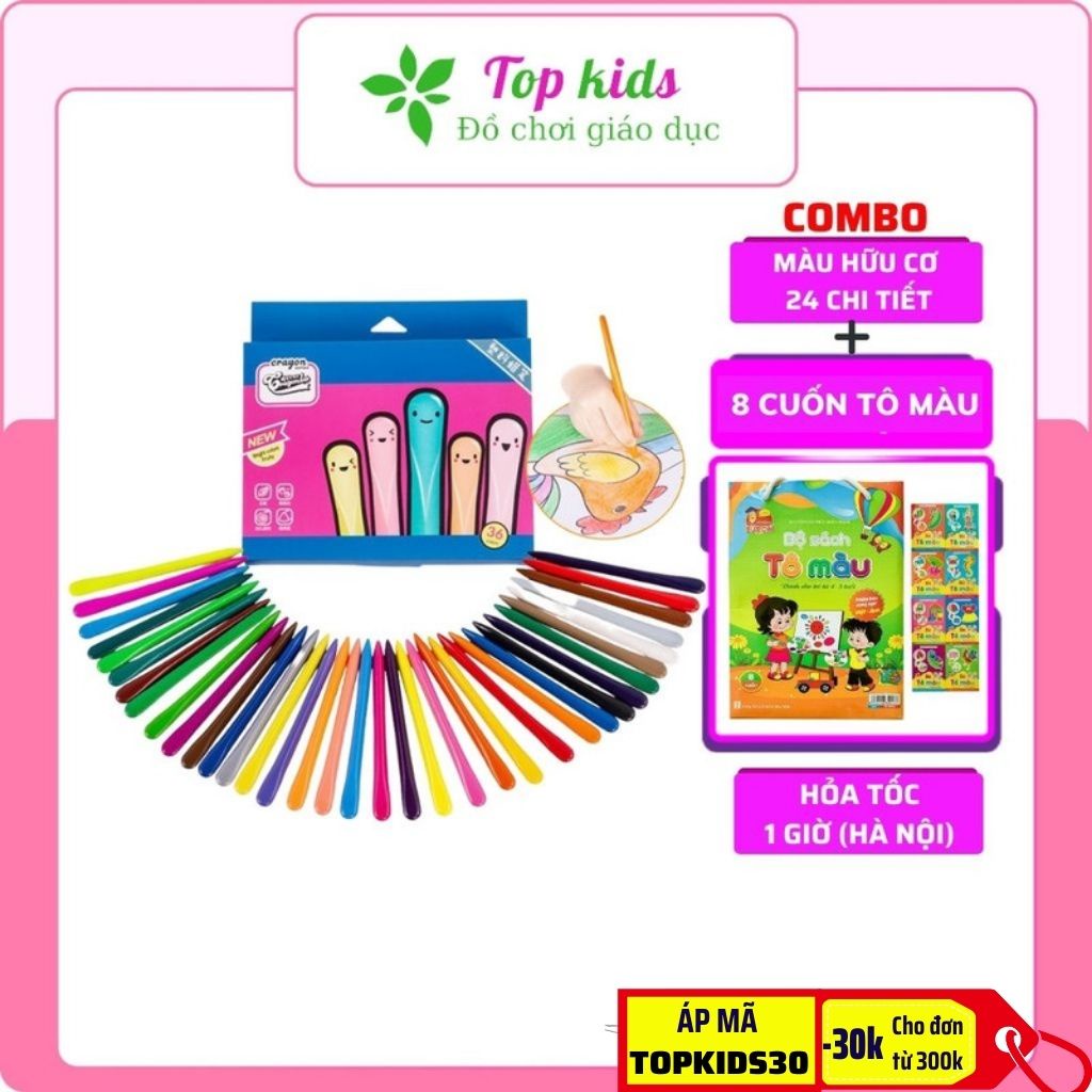 Bút màu sáp hữu cơ hộp gồm 24 màu thiết kế đáng yêu không lem tay dính bẩn an toàn cho bé TOPKIDS