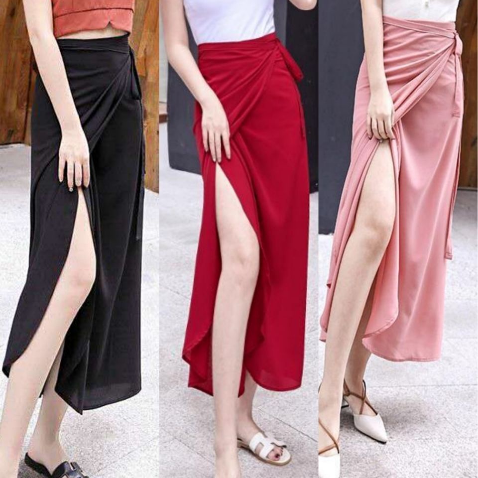 Chân váy vải voan mỏng lưng cao xẻ tà kiểu quần không đối xứng màu trơn đa năng thời trang mới