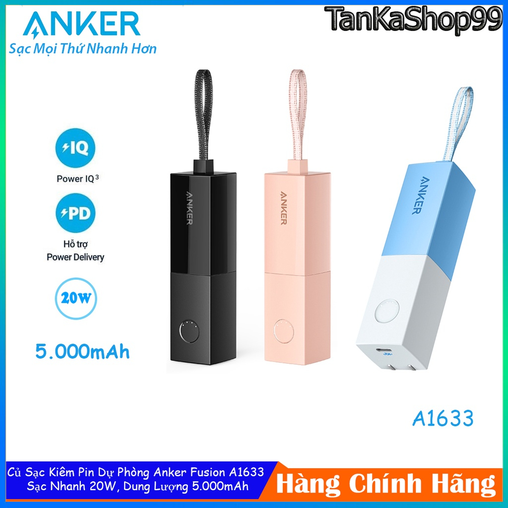 Củ Sạc Kiêm Pin Dự Phòng Thỏi Son Anker A1633 5.000mAh, 1 Cổng Type C Sạc Nhanh 20W