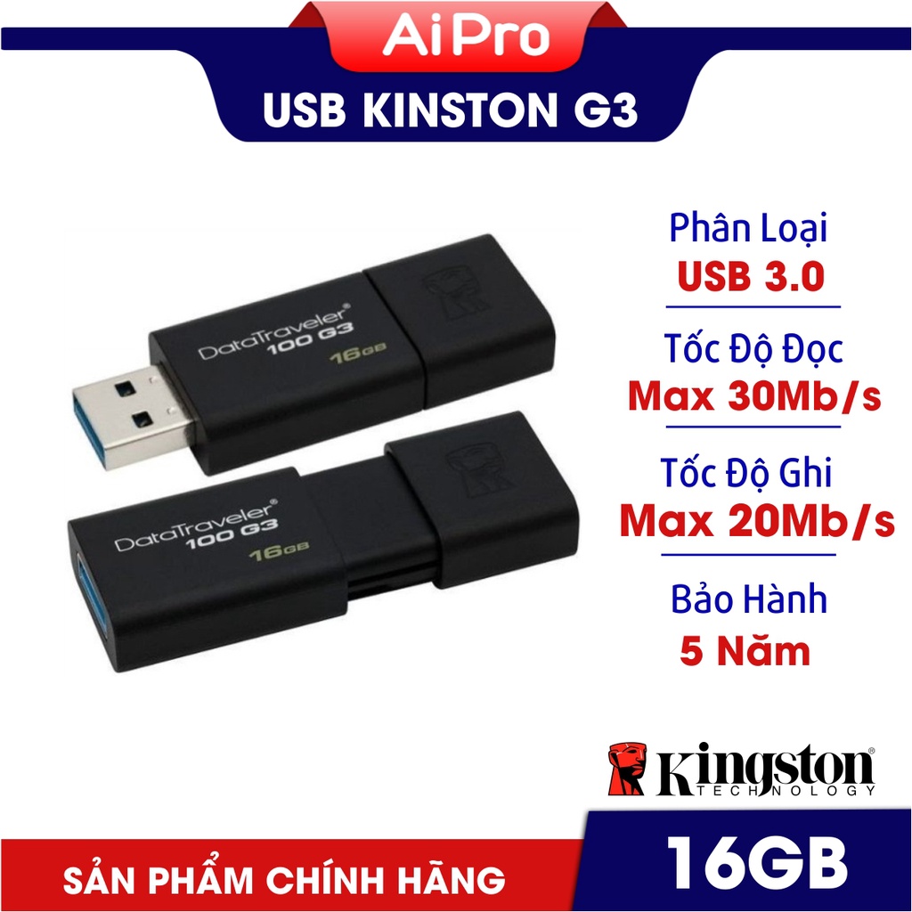 USB Kingston DT100G3 16GB - USB 3.0 - Hàng nhập khẩu - BH 5 Năm
