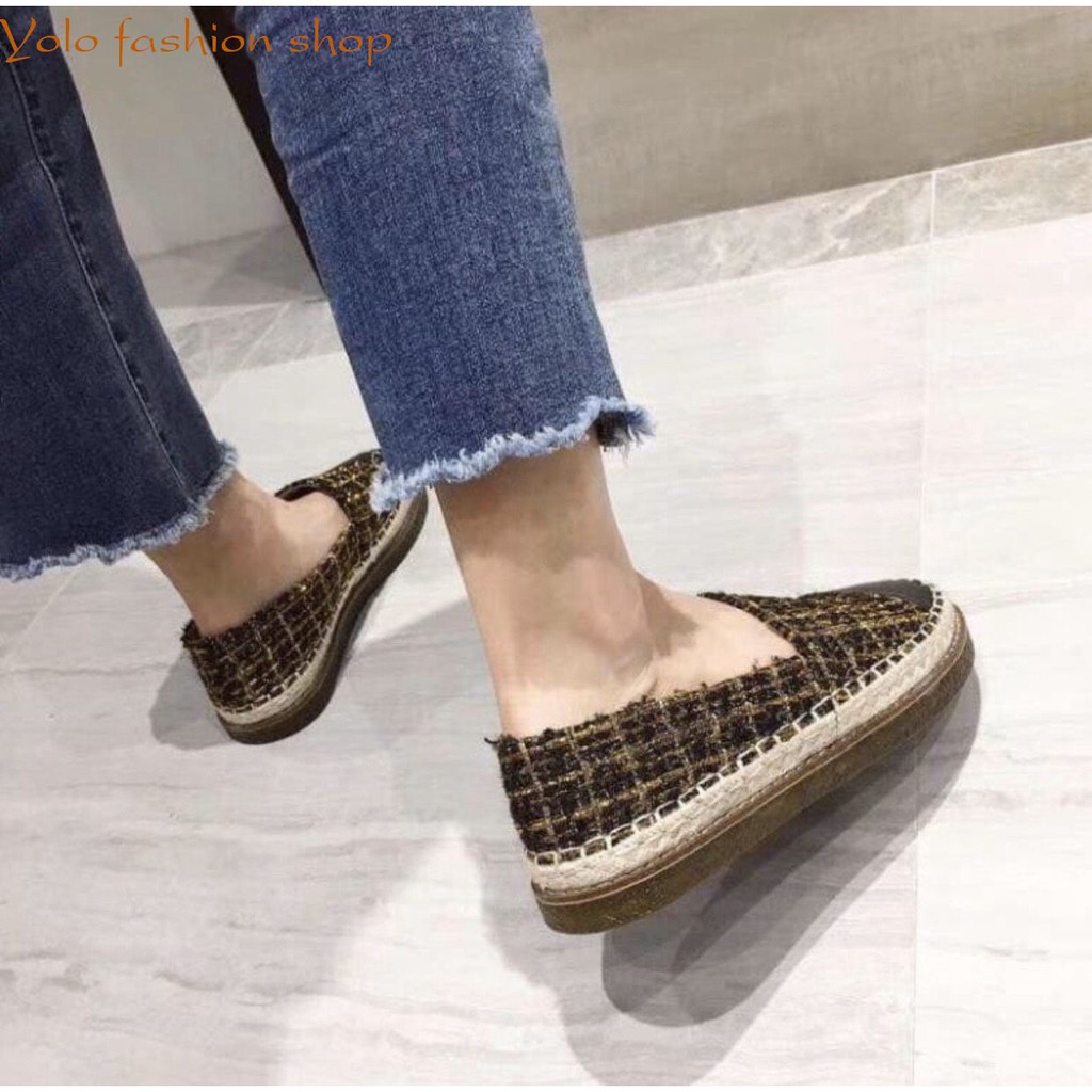 [Hình thật] GL6 Giày lười slip on nữ vải dạ phối da xinh xắn | BigBuy360 - bigbuy360.vn