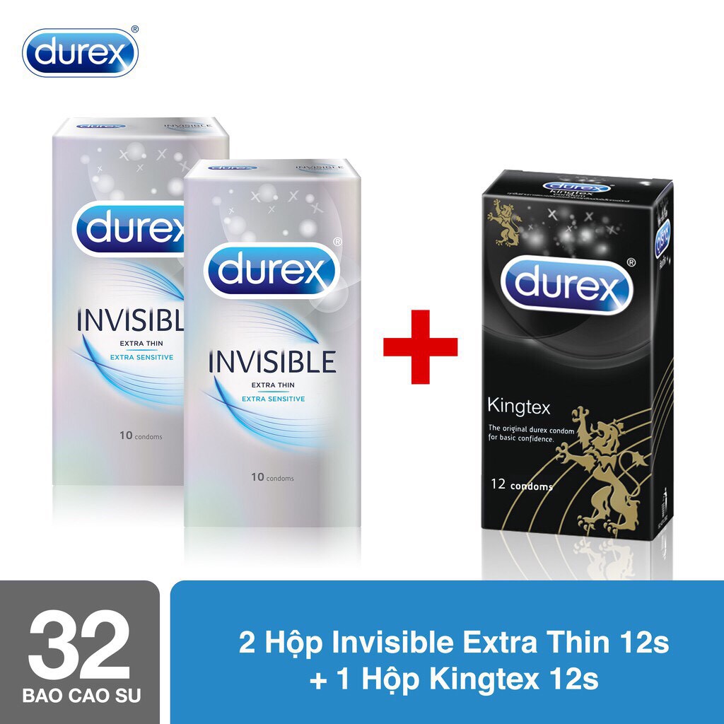 Bộ 2 Hộp Bao Cao Su Durex Invisible (20 Cái/2 Hộp) + Tặng 1 Hộp Bao Cao Su Kingtex (12 Cái/Hộp)