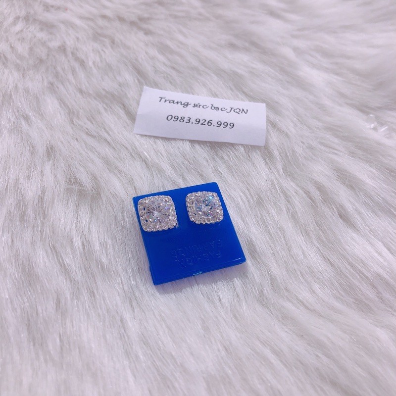 Bông tai nữ bạc thật đính đá vuông trẻ trung, lấp lánh/ Trang sức bạc JQN