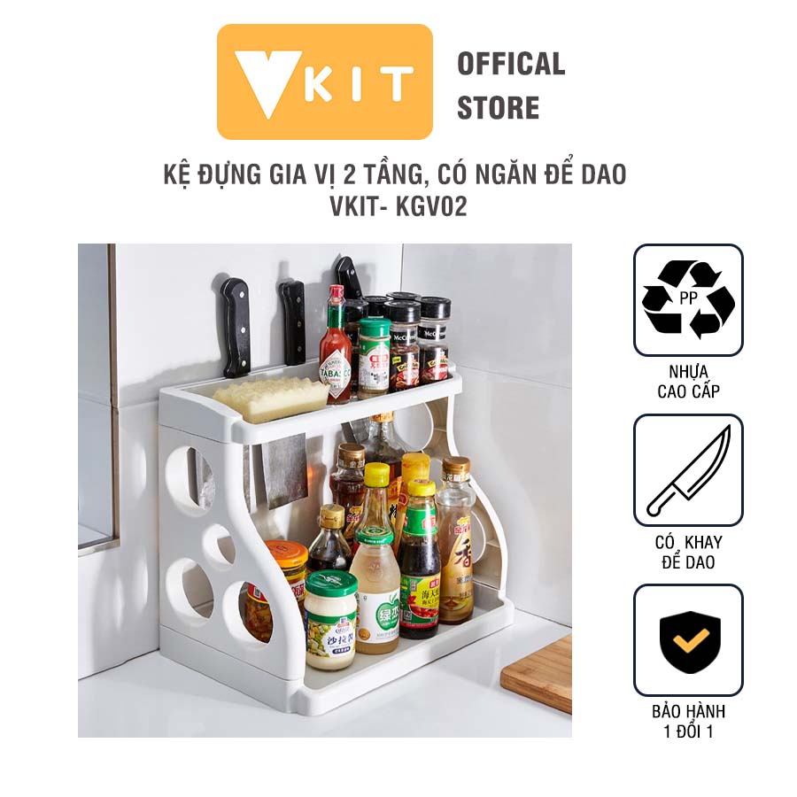 Kệ đựng gia vị 2 tầng chất liệu nhựa PP an toàn cho sức khỏe- Có ngăn để dao VKIT- KGV02