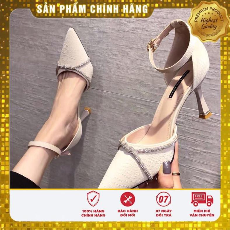 GIÁ GỐC giày cao gót nữ mũi nhọn da sần vân cá sấu gót nhọn quai ngang dây hạt đính đá quảng châu