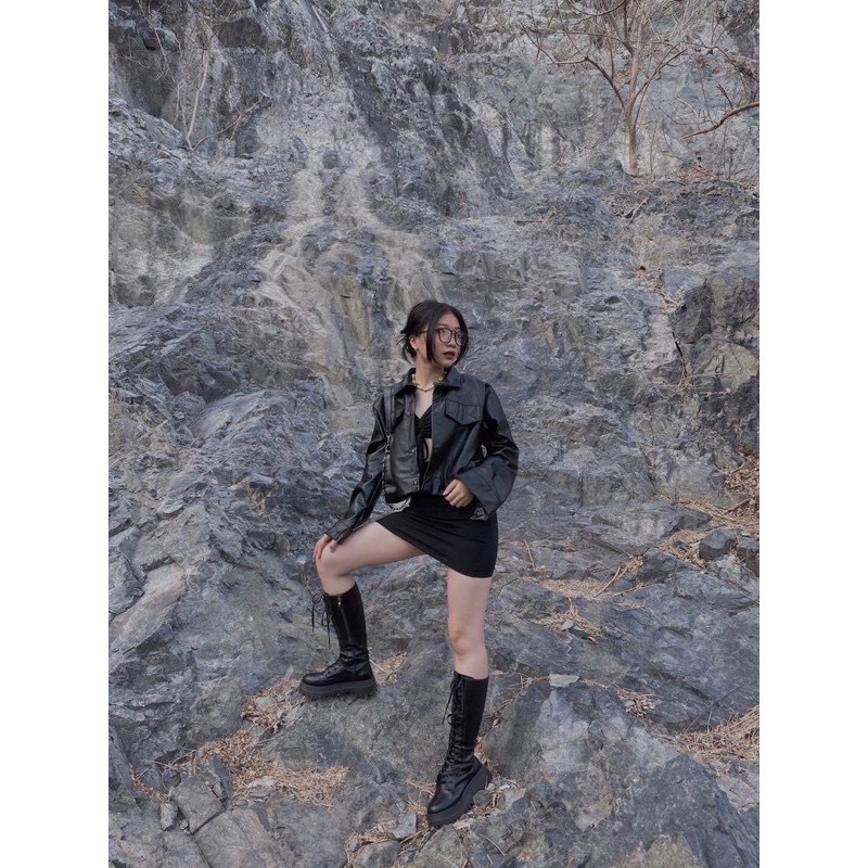 Áo Khoác Da Nữ, Áo Da Mix Túi 2 Bên Dáng Ngắn Siêu Hot Hit