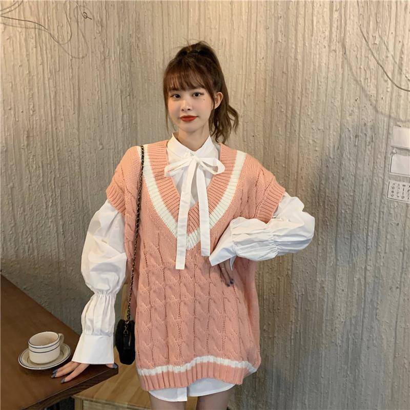 Bộ Áo Sơ Mi Dáng Rộng Đính Nơ + Áo Sweater Dệt Kim Sát Nách Kiểu Hàn Quốc Thời Trang 20