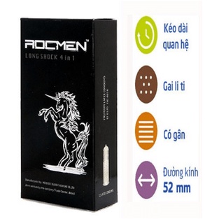 BCS Rocmen longshock kéo dài thời gian, gân gai, gel ẩm 4 trong 1 (Bao cao su rockmen hộp 12 cái)