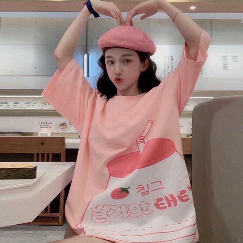Áo thun in tay lỡ form rộng dáng IN LY SỮA HÀN Unisex - Ulzzang mặc cặp