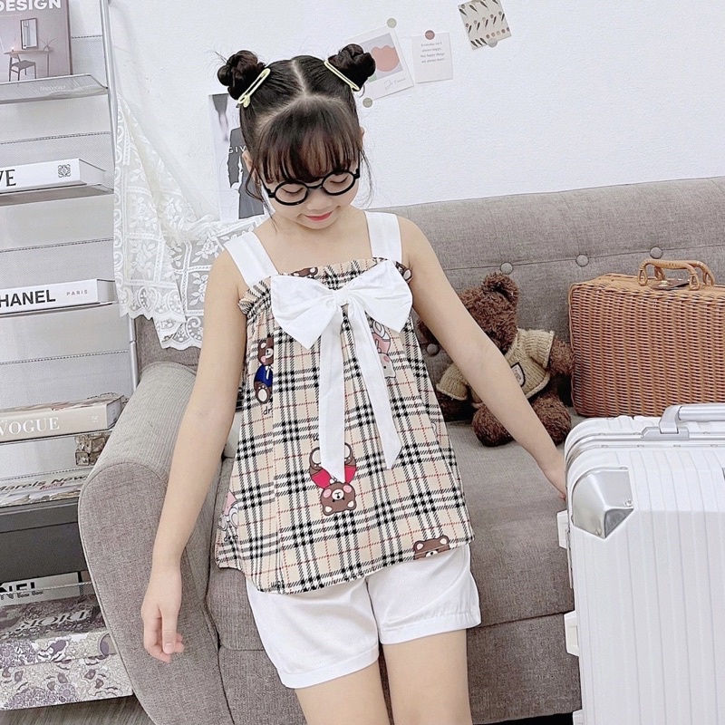 Bộ bé gái từ 16-32kg chất lụa Mago cao cấp❤️Bộ quần áo mặc nhà thiết kế 2 dây bản to phối nơ cho bé gái siêu xinh-M0054