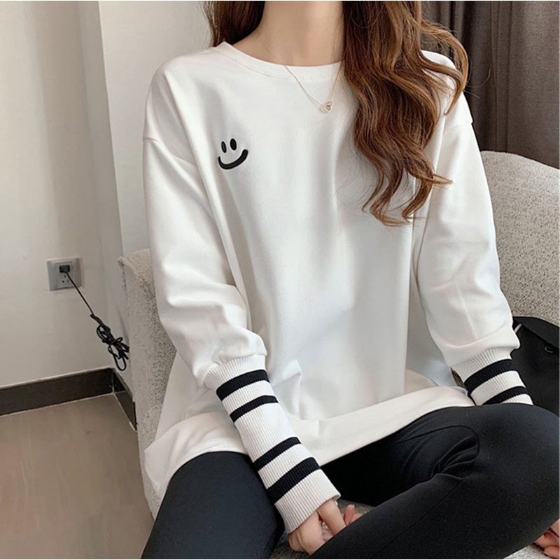 IELGYÁo Thun cotton Dáng Rộng Màu Trắng Thêu Hình Mặt Cười Đa Năng