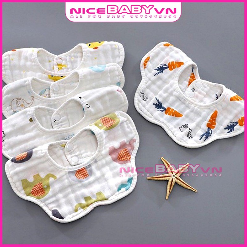 Yếm Vải Xô Tròn 6 Lớp Cúc Bấm Nền Trắng Siêu Thấm Hút Mềm Mại Cho Bé Ăn Dặm NiceBabyVn